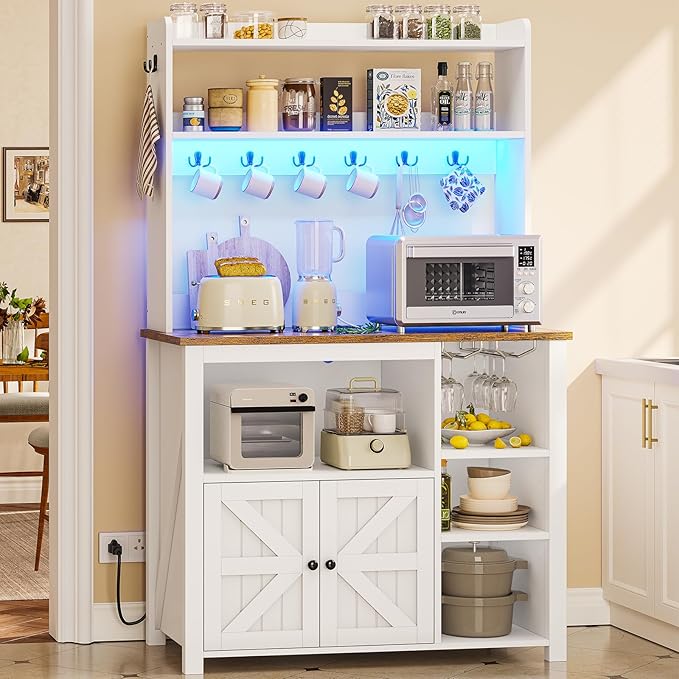 Itaar 35.4 inch Bakers Rack with Power Outlet and Storage, Farmhouse Coffee Bar Cabinet, Microwave Stand Kitchen Cabinet with Hutch, LED Lights, Wine Glass Holder and 8 Hooks，White