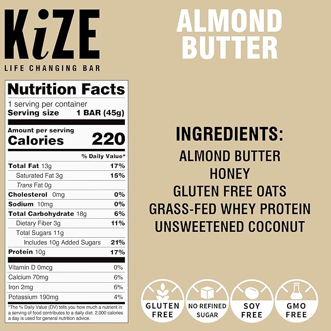 KiZE Energy Bars - Almond Butter - Almond-Butter-Based, Gluten Free, Non-GMO, and High Protein Meal Replacement Energy Bars, Clean and Simple Food Ingredients - 10g High Protein Snacks, (10 Count)