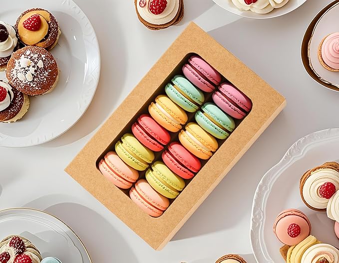 20PCS Macaron Boxes for 12,Chocolate Covered Strawberry Boxes with Window, Macaron Packaging Display for Strawberry Gift, Chocolate, Truffles,Desserts(Brown)