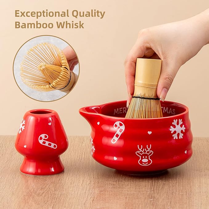 5pcs Premium Matcha Set,Ceramic Bowl with Spout and Bamboo Whisk set, Ceremonical Matcha Kit for breakfast/latte,Tea Starter Making Kit,Christmas Matcha Gift set (Reindeer Red)