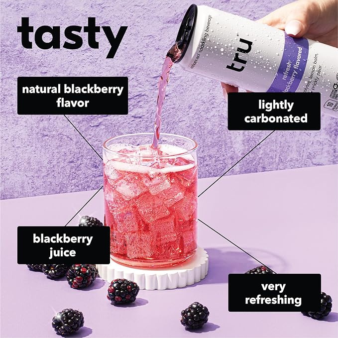 Tru Refresh Seltzer, Sparkling Water with Electrolytes, Prickly Pear, Lemon Balm & Real Blackberry Juice, Sweetened with Monk Fruit & Stevia, Gluten Free, Vegan, Caffeine Free, 12 FL OZ Cans, 12 Pack
