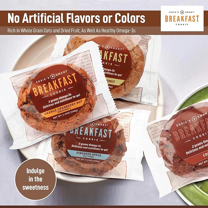 Susie’s Smart Breakfast Cookie, Mixed Box of 12 Breakfast Cookies (3) Orange Cranberry Nut (3) Gingered Apple (3) Banana Coconut (3) Cocoa Omega-3 and Protein-Rich, Soft Chewy Whole Grain Snack, Healthy On-the-Go Breakfast or Anytime Treat 3.5 oz Each.