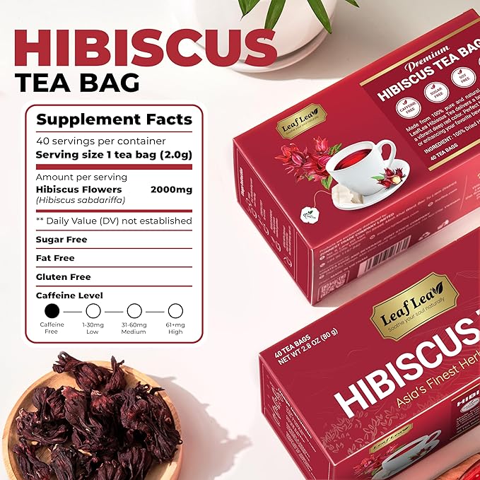 LeafLea Hibiscus Tea Bags – 160 Count, Individually Wrapped, 100% Natural Hibiscus Flower Herbal Tea, Caffeine-Free, Sugar-Free, Gluten-Free, Non-GMO, Te de Hibisco, Jamaica Tea, (Pack of 4)