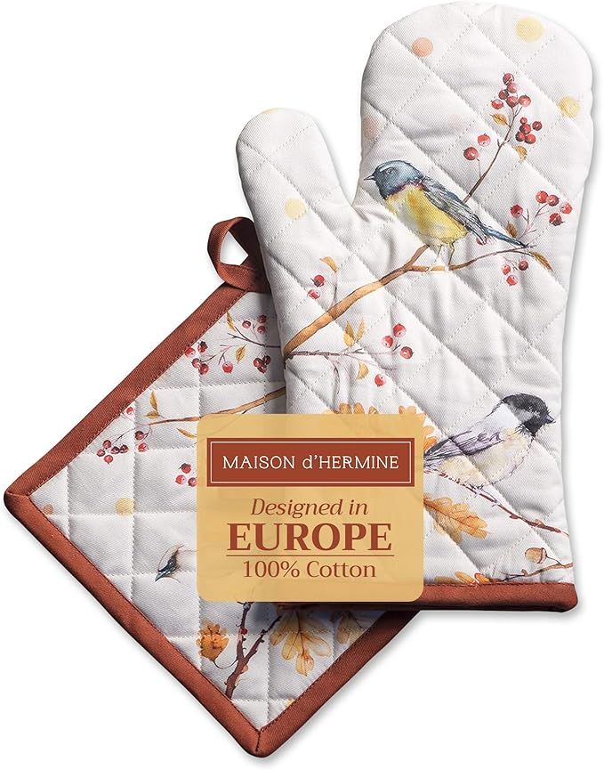 Maison d' Hermine 100% Cotton Oven Mitt & Pot Holder Set (7.5"x13" & 8"x8") Heat Resistant BBQ Cooking Gloves with Loop, Baking, Grilling, Kitchen, Handling Hot Pans (Oak Leaves)