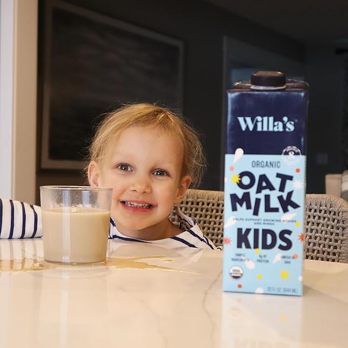 Willa's Organic Kid's Oat Milk Unsweetened with 8g Protein & 240g Calcium, Plant-Based Milk for Kids, Dairy-Free, Low Sugar, 2g Fiber – 32 oz, 6 Pack