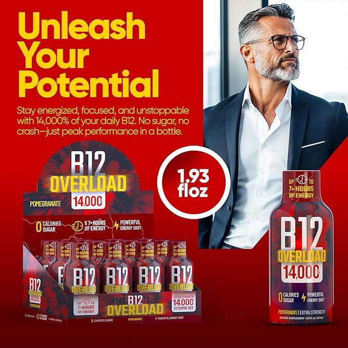 B12 Overload Extra Strength Energy Shot – Pomegranate – 260mg Caffeine, 14000% B12, Electrolytes – Energy & Vitality Support – Zero Sugar No Calories – Vegan, Kosher, Gluten-Free – 1.93 fl oz, 12-Pack