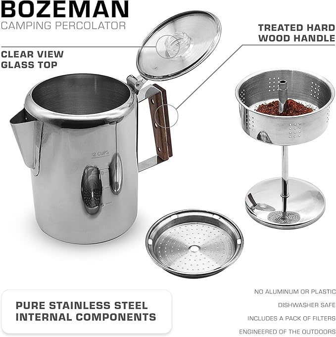 COLETTI Bozeman Percolator Coffee Pot — Camping Coffee Pot, Camping Coffee Makers – America’s Favorite Percolator – NO Aluminum or Plastic [12 cup]