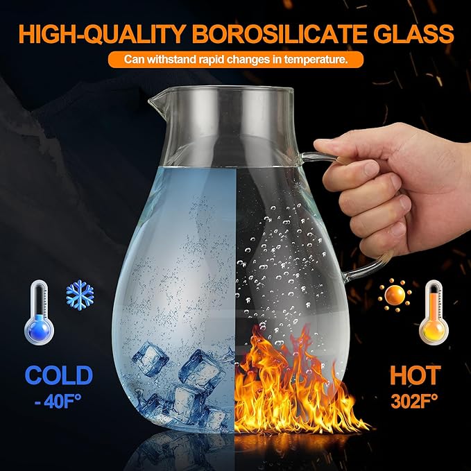 Glass Pitcher with Lid,1 Gallon Glass Water Pitcher Hot/Cold Water Jug, Juice and Iced Tea Beverage Carafe with Lid (Extra-Wide Mouth)