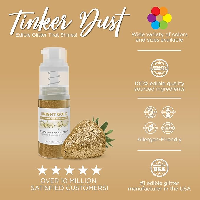 Bakell - Bright Gold Tinker Dust (4g, 1x Mini Spray Pump) Edible Glitter for Food, Desserts, and Beverages!