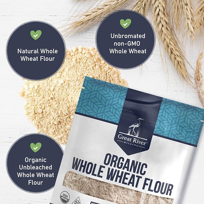 Great River Milling Organic Whole Wheat Flour | Unbleached & Unbromated | High Protein & Fiber | Non-GMO, Kosher | Perfect for Sourdough, Bread, Rolls, Baking, Cooking & More | 2 Lb