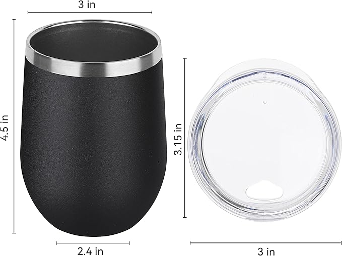 DOMICARE Stainless Steel Wine Tumbler Bulk with Lid, Personalized Insulated Tumblers Set, 12oz Travel Coffee Cups Pack of 8, Black