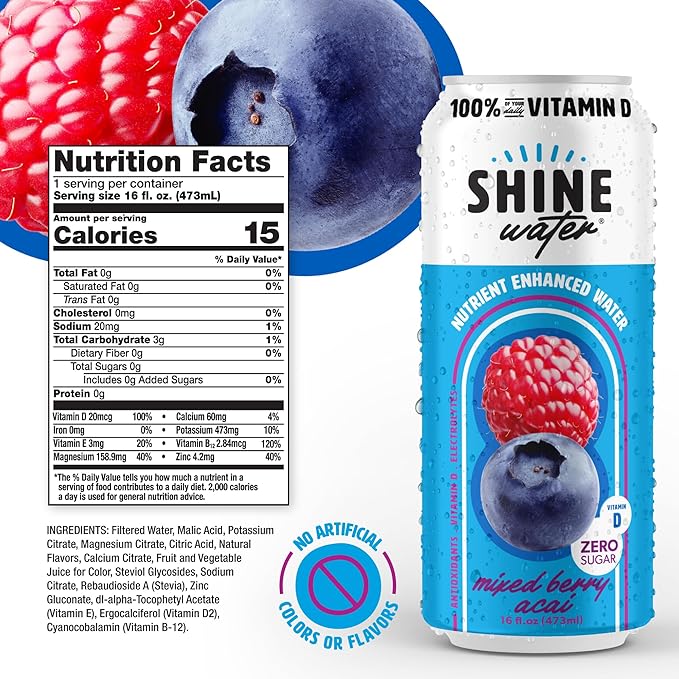 ShineWater Mixed Berry Acai Vitamin D Electrolyte Drink | Zero Sugar Hydration Beverage with Magnesium, Zinc & Antioxidants | Low Calorie Plant-Based Vitamin Water | 12 Pack