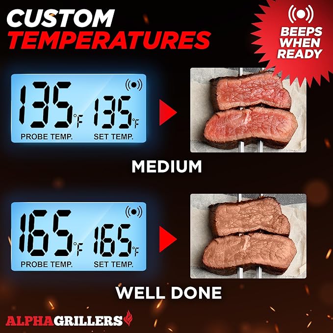 Alpha Grillers Meat Thermometer Digital for Oven - Large Display Oven Thermometer for Cooking - Leave-in BBQ Grilling Probe with 7 Presets, Timer, Alarm - Gifts for Men Him Boyfriend Husband