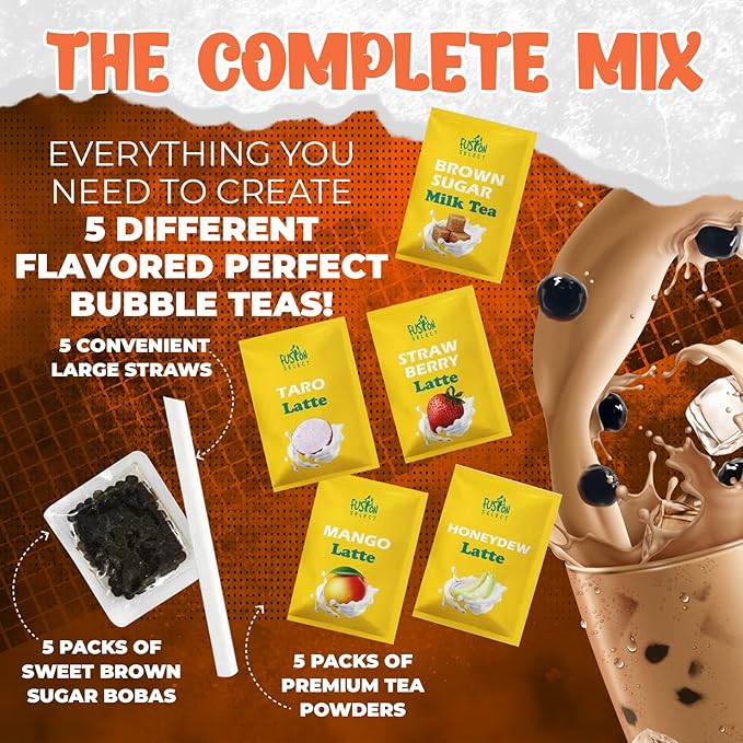 Fusion Select Authentic Bubble Tea Kit Extra Rich (5 Packs) Bubble Tea Drink, Boba Tapioca Pearl, Straws, Popular Bubble Tea Flavors (10 Flavors)