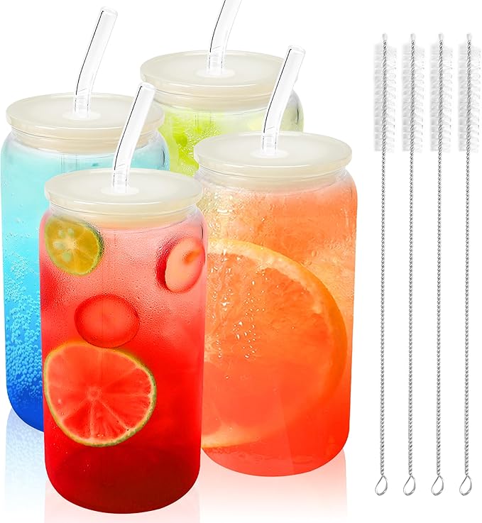 Joyclub 4pcs Glass Cups with Acrylic Lids and Straws 16 oz Can Shaped Glass Iced Coffee Cups with Lids and Straws, Cute Tumbler Cup Drinking Glasses for Smoothie Whiskey Boba Soda Tea Gift