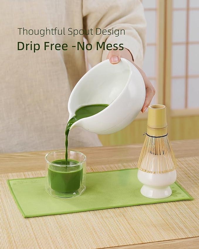 ZENS Matcha Whisk Set, 6pcs Matcha Kit Set Includes Ceramic Bowl and Bamboo Whisk & (Chasen Holder), Sifter, Scoop -Tea Towel, Japanese Chawan with Spout for Lovers, White