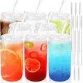 Joyclub 8pcs Glass Cups with Acrylic Lids and Straws 16 oz Can Shaped Glass Iced Coffee Cups with Lids and Straws, Cute Tumbler Cup Drinking Glasses for Smoothie Whiskey Boba Soda Tea Gift