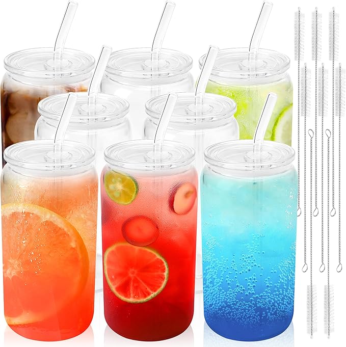 Joyclub 8pcs Glass Cups with Acrylic Lids and Straws 16 oz Can Shaped Glass Iced Coffee Cups with Lids and Straws, Cute Tumbler Cup Drinking Glasses for Smoothie Whiskey Boba Soda Tea Gift