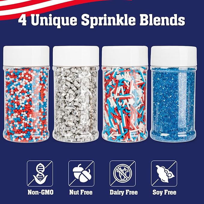Twisweet Edible Patriotic Sprinkles 12oz, Red White and Blue Sugar Sprinkles Silver Star Mix, 4th of July American Sprinkle, Team USA Memorial Day Confetti, Cupcake Topper Cookie Ice Cream Cake Decorations, Independence Day Birthday Festival Party Supp...