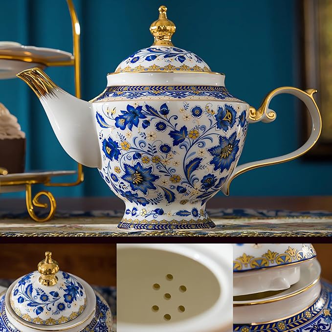ACMLIFE Bone China Tea Set for 6, Blue and White Tea Set for Adults 24K Gold, Vintage Floral British English Cups and Saucers for Women Party or Gift Giving (Blue)
