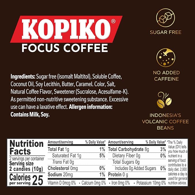 Kopiko Focus Coffee Candy – Have 80mg Caffeine per 2 Pieces for Energy & Mental Focus – Sugar-Free Hard Candy with Real Indonesian Coffee Extract (6 Pack w/4 Candies Each)