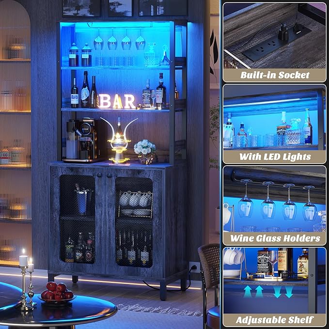 Aheaplus Bar Cabinet with Power Outlets, 67" Tall Wine Bar Cabinet Liquor Cabinet with LED Lights and Glass Holder, Coffee Bar Station for Living Room, Microwave Stand Bakers Rack Cabinet, Black Oak