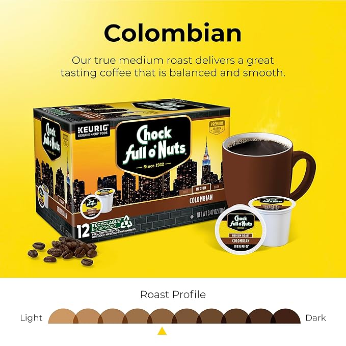 Chock full o’Nuts Colombian Keurig K-Cup Pods for Keurig Brewers – Premium Arabica, Medium Roast – Single Serve – 1 Pack of 12 K-Cup Pods