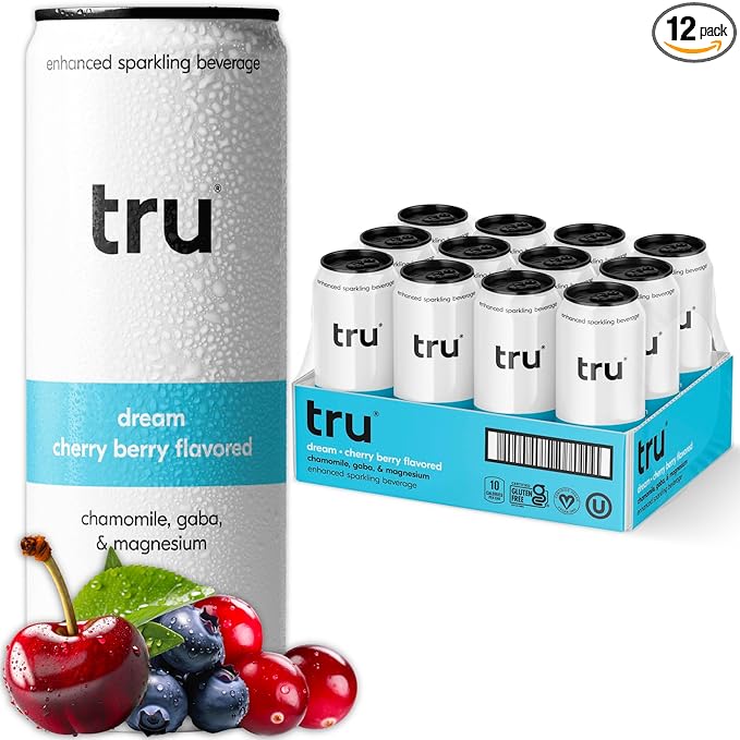 Tru Dream Seltzer, Cherry Berry, Sparkling Water with Chamomile, GABA, Magnesium & Tart Cherry Juice, Sweetened with Monk Fruit & Stevia, Gluten Free, Vegan, Caffeine Free, 12 FL OZ Cans, 12 Pack
