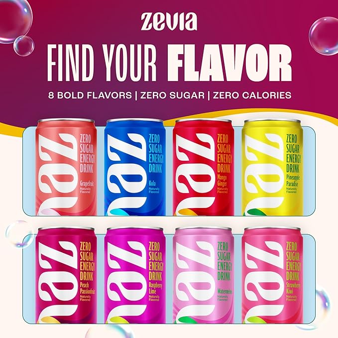 Zevia Zero Sugar Energy Drink, Peach Passionfruit, 12 oz Cans (12-Pack) – Naturally Sweetened, Non-GMO Project Verified, Gluten-Free, Vegan