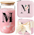 AYGXU Initial Glass Cups with Lids and Straws, Jewelry Case for Women, Jewelry Box Organizer, Coffee Cups, Travel Gifts for Women Essentials, Initial M Pink