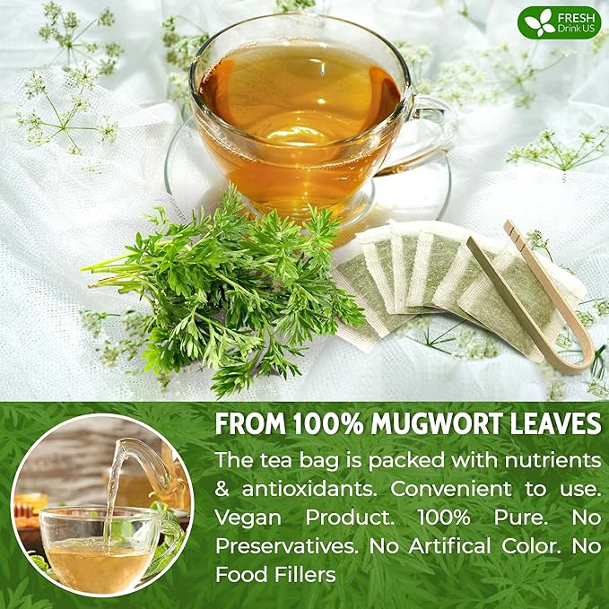 FreshDrinkUS, Premium 45 Mugwort Leaf Tea Bags, 100% Natural and Pure Mugwort Leaves. No Sugar, No Caffeine, No Gluten, Vegan. (45 Tea Bags)