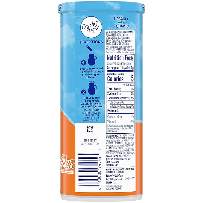 Crystal Light Classic Orange with Vitamin C & Calcium Drink Mix (20 Pitcher Packets, 4 Canisters of 5)