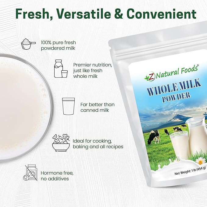 Z Natural Foods Premium Whole Milk Powder - Powdered Milk for Baking, Cooking, Drinks - Dry Milk Powder, Pasteurized, Non-GMO, Gluten-Free, Kosher-Certified, 1 lb