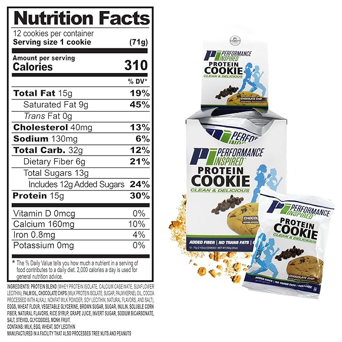 Performance Inspired Nutrition Protein Cookie - Contains: BIG 14G Isolate Proteins - 6G Of Fiber - All Natural - Gluten Free - No Artificial Ingredients - Chocolate Chip Flavor - 12 Count