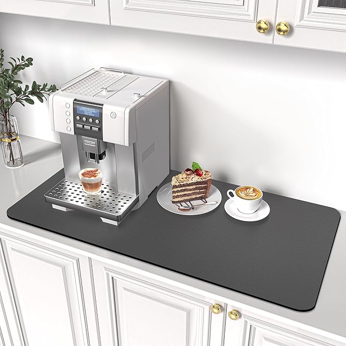 PoYang 31"x17" Coffee Mat X-Large, Coffee Bar Accessories for Countertop, Absorbent Dish Drying Mat, Anti-Slip and Hide Stain Pad for Espresso Machine, Espresso Maker and Kitchen Counter, Gray