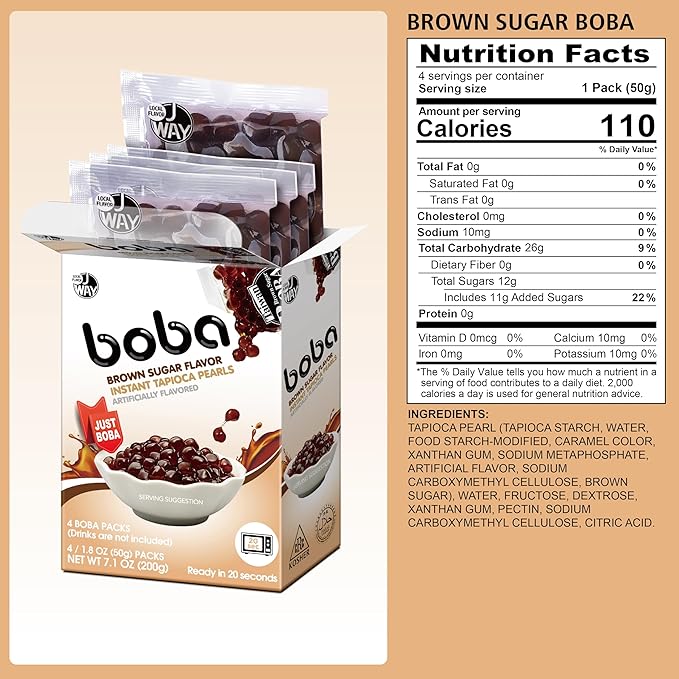 J WAY BOBA Authentic Instant Tapioca Boba Pearls for Milk Tea, Smoothies and Desserts, Brown Sugar Flavor (Ready in Just 20 Seconds) - 4 Servings