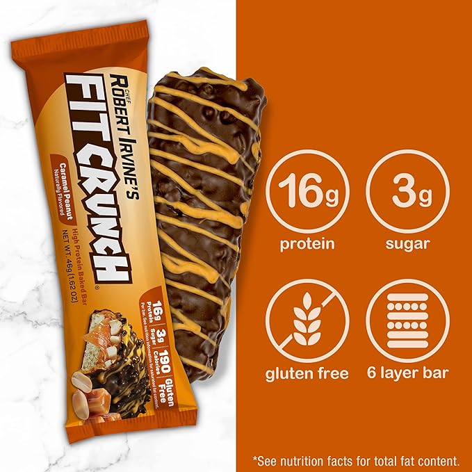 FITCRUNCH Snack Size Protein Bars, 6-Layer Baked Bar, 3g of Sugar, Gluten Free & Soft Cake Core (9 Bars, Caramel Peanut)