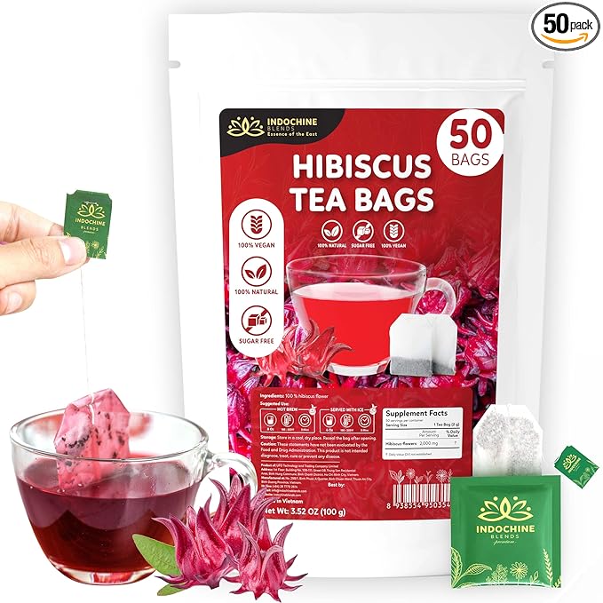 Indochine Blends Hibiscus Tea Bags | 100% Pure Hibiscus Flower | Sugar-Free, Caffeine-Free Herbal Tea | Double Chamber, Individually Wrapped Tea Bags| Rich in Natural Goodness and Flavor | 3.5 oz | 50 Tea Bags