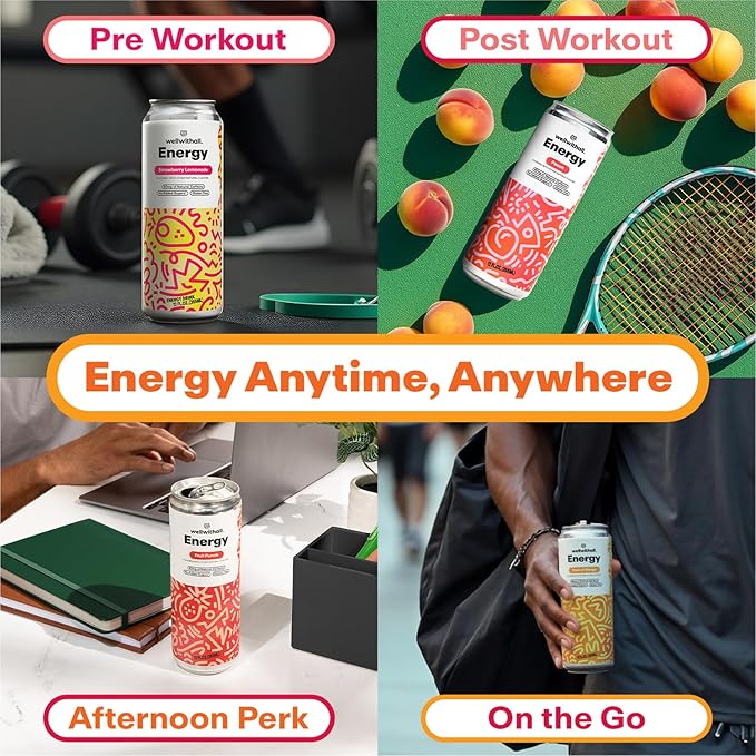 WellWithAll Energy Drink - Natural Caffeine from Tea - Healthy Energy Drink - Lightly Sparkling - Blend of Fruit and Veggie Juices - 12 Oz (Pack of 12) (12 Fl Oz (Pack of 12), Fruit Punch, Tropical Mango, Peach, and Strawberry Lemonade Variety Pack)