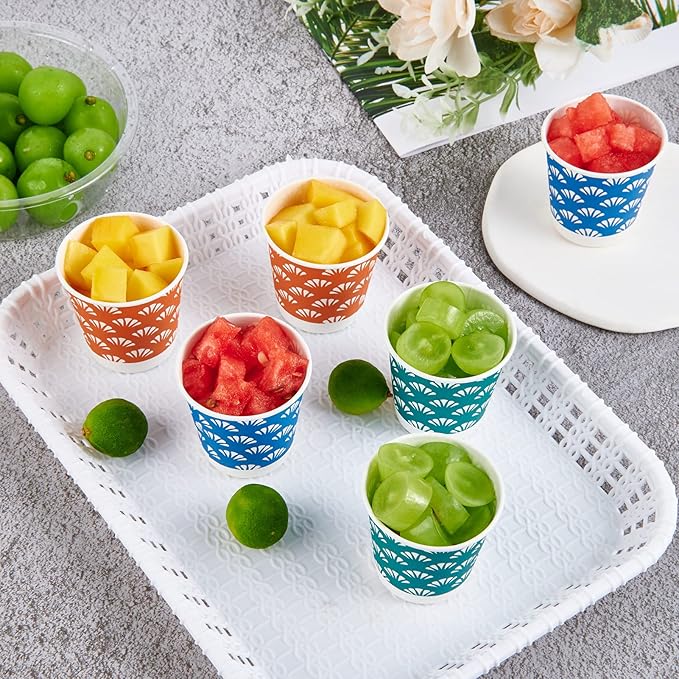 JollyPack 1200 Pack 3 oz Disposable Bathroom Paper Cups, Small Mouthwash Cups in Orange, Blue, and Green, Great for Candy, Biscuits, Bathroom Use, Parties, Picnics, and Travel
