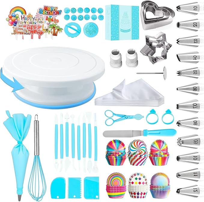 Cake Decorating Supplies Kit Tools 255pcs, Cake Decorating Set with Cake Turntable, 12 Numbered Icing Piping Tips, Cookie Cutters, Icing Smoother & Other Accessories for Cake Decoration (Blue-255 PCS)