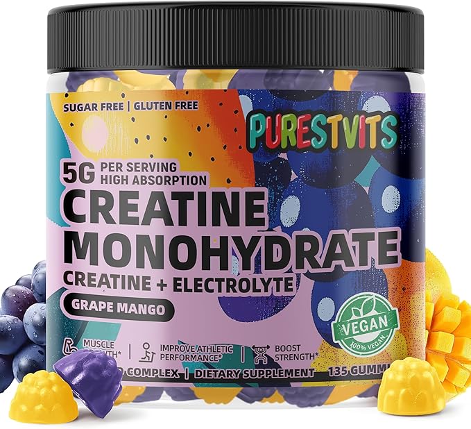 Creatine Monohydrate Gummies (5g) – Pre-Workout Energy & Muscle Growth Support for Men & Women | Grape Mango Electrolyte Gummies (135 Count)