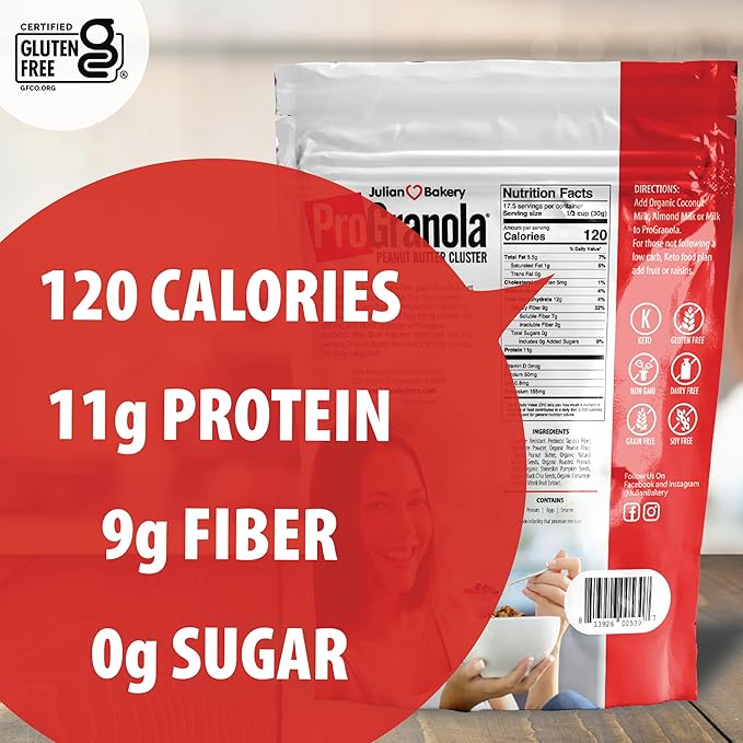 Julian Bakery® ProGranola® Cereal | Peanut Butter Cluster | 12g Protein | 2 Net Carbs | Gluten-Free | Grain-Free | 14 Servings