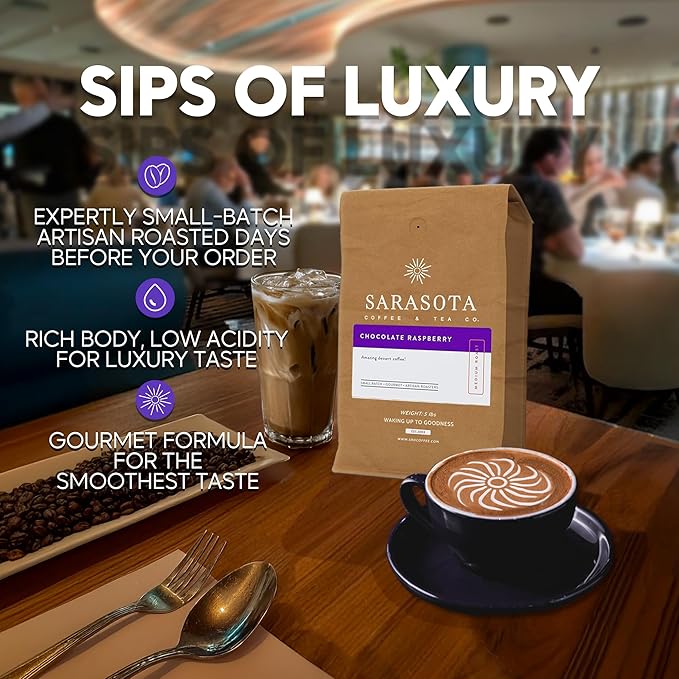 Sarasota Coffee Ground Chocolate Raspberry | Medium Roast Gourmet Flavored Coffee Grounds | Low Acid, Mold Free, Specialty Grade Flavored Bulk Ground Coffee | 5lb (80 oz)