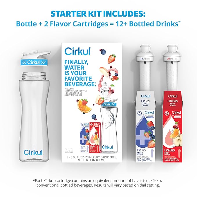Cirkul 22oz. BPA-Free Plastic Water Bottle Starter Kit with Blue Lid, 2 Flavor Cartridges (1 LifeSip Fruit Punch, 1 FitSip Mixed Berry) No Sugar, Zero Calorie Drink Mix