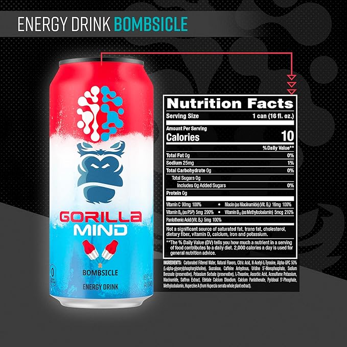 Gorilla Mind Energy Drink | Unmatched Energy · Amplified Focus | N-Acetyl-L-Tyrosine, Alpha-GPC, 200mg Caffeine, Uridine, Saffron | 0 Sugar Or Artificial Colors | 16oz, 12-Pack (Bombsicle)