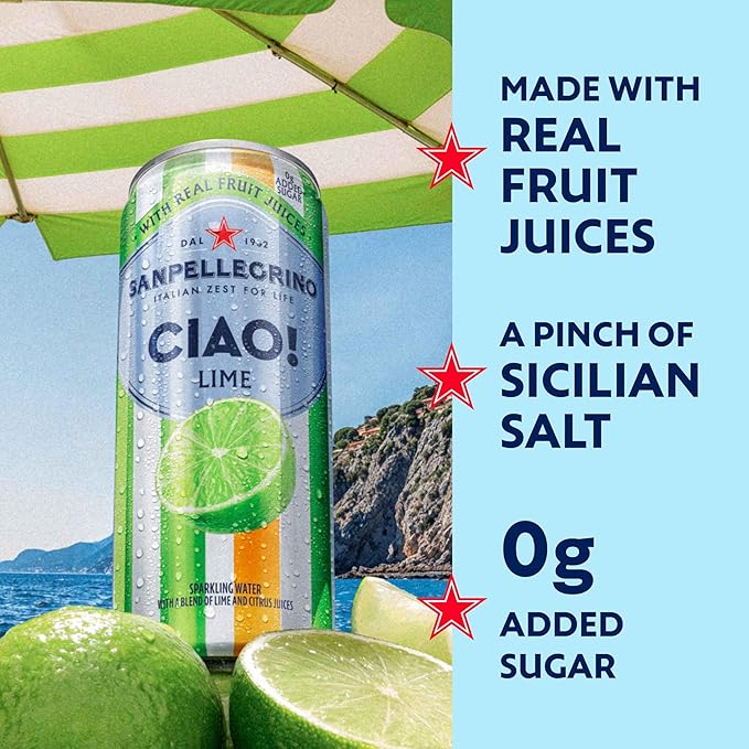 Sanpellegrino CIAO Lime Sparkling Water, Low-Calorie Italian Sparkling Water with Real Fruit Juices, 0g Added Sugar, 24-Pack