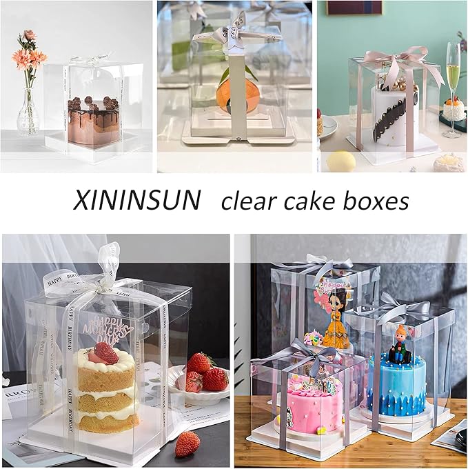 XININSUN 6Pcs clear cake boxes with Ribbon, 6inch cake boxes for Christmas Bakery Treat,Holiday Pastries,Gift Giving-White