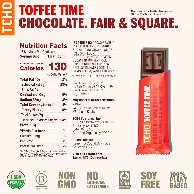 TCHO Toffee Time Chocolate Bars - 100% Plant-Based Organic Cashew Oat Milk Chocolate - Vegan, Soy-Free, Gluten-Free, Individually Wrapped Pure Cacao Bars - Sweet & Salty in Every Bite (18-Pack)