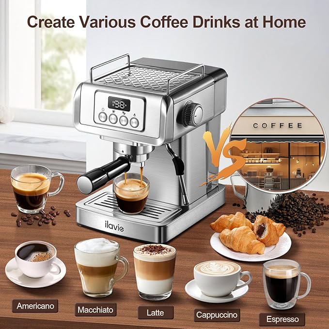 Espresso Machine 20 Bar, Espresso Maker with Steam Milk Frother，Espresso Coffee Machine with 60oz Removable Water Tank for Lattle, Cappuccino, Stainless Steel